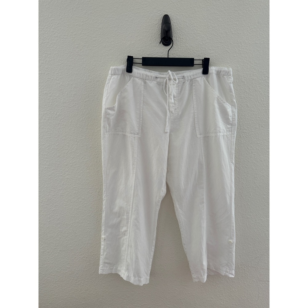 New York & Company Linen Blend Crop Pants White Drawstring Roll Tab Coastal L